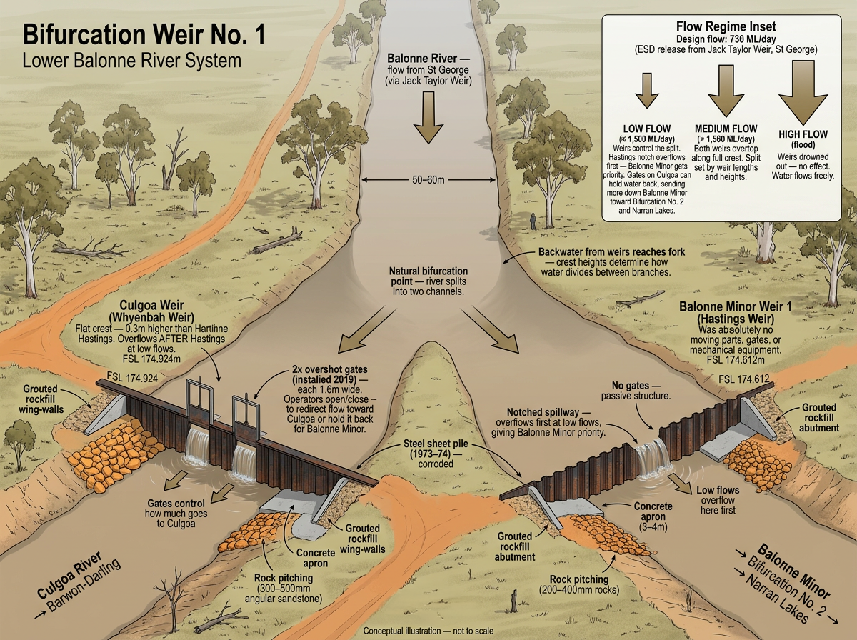 Bifurcation Weir No. 1, conceptual illustration, not to scale