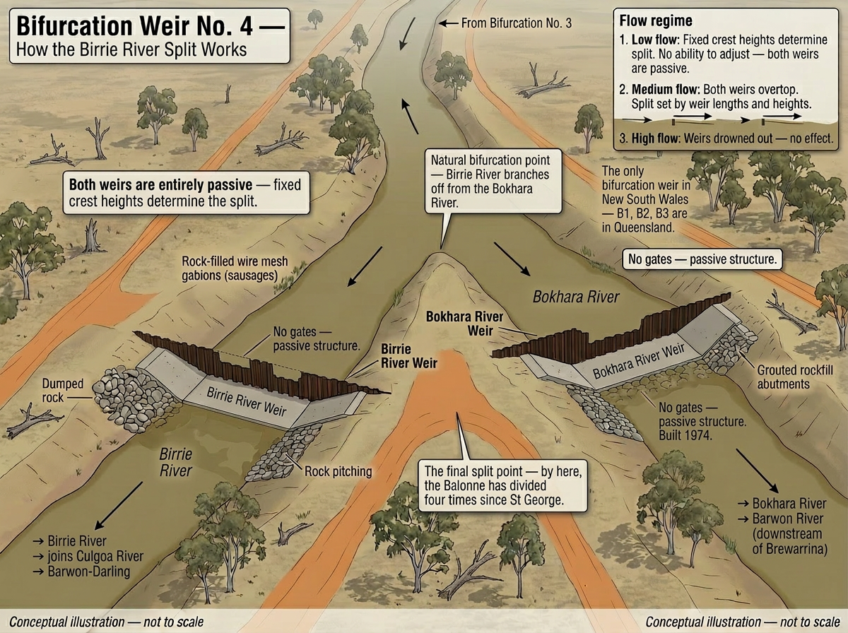 Bifurcation Weir No. 4, conceptual illustration, not to scale