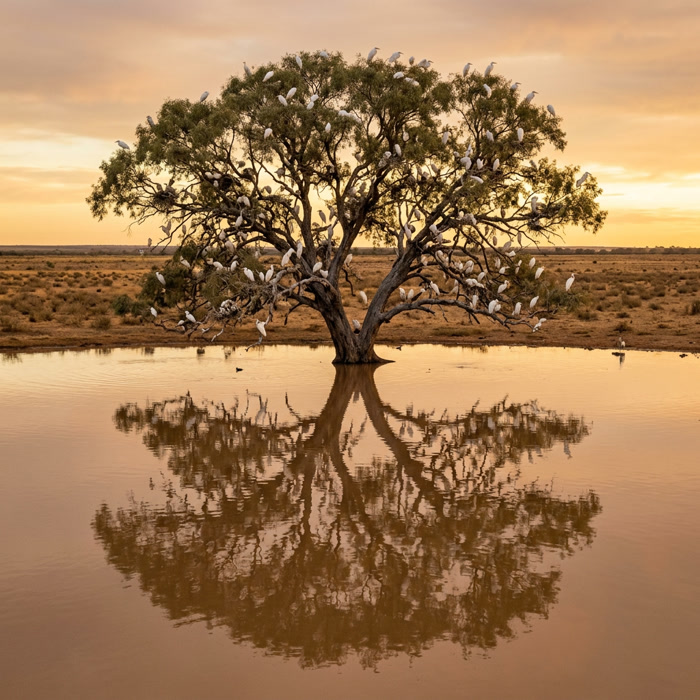 A lone riverkubar tree full of egrets reflected in shallow floodwater at golden hour