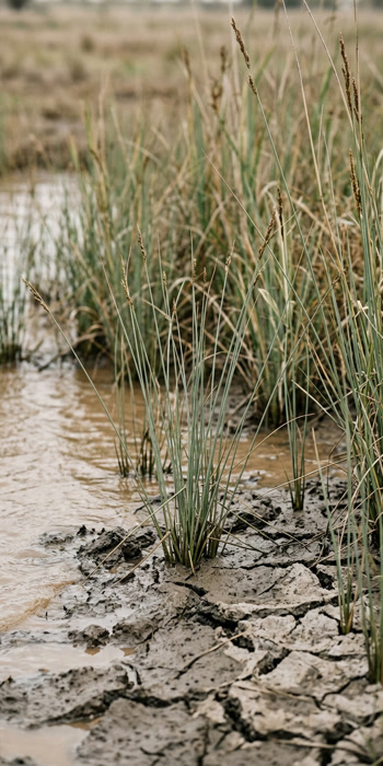 Green sedges emerging from cracked clay at the edge of receding floodwater