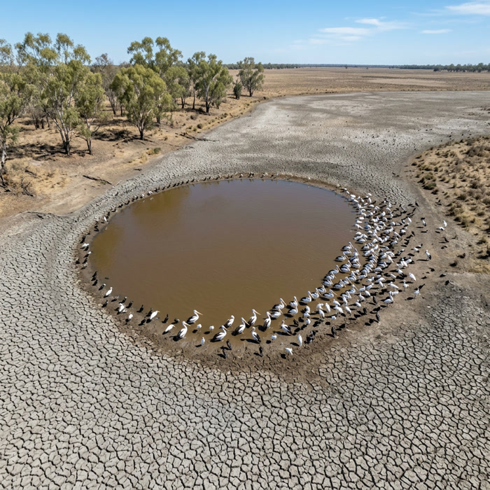 Aerial view of pelicans and egrets clustered around a shrinking waterhole ringed by cracked clay