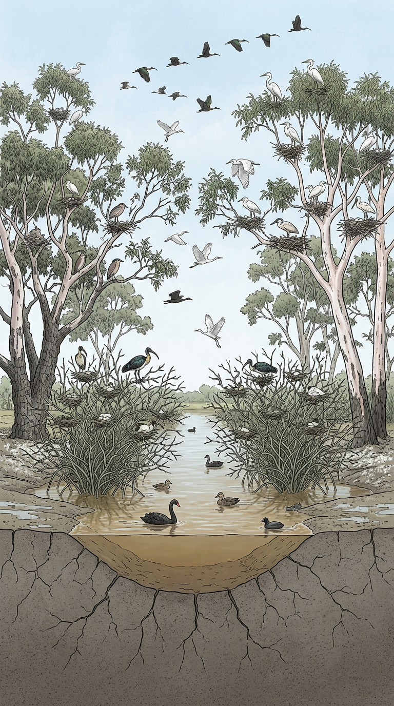 Cross-section illustration of a Lower Balonne waterhole ecosystem: trees, waterbirds, lignum, cracked soil, and groundwater
